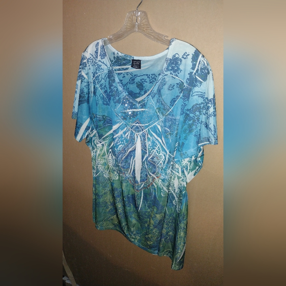 Faded Glory Asymmetrical Blue and Green Dolman Sleeve Top
